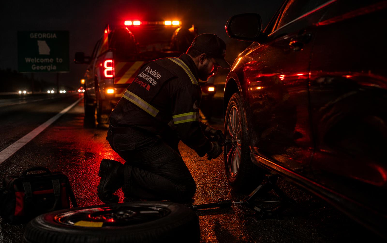 Roadside assistance technician helping with a stranded vehicle's tire